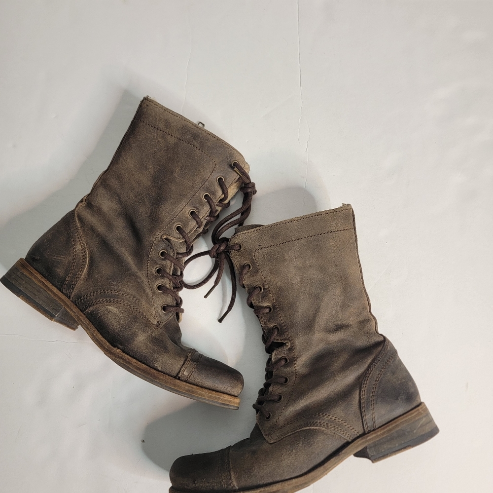 Allsaints 38/8 Distressed Military Combat Boots Leather Suede Faux Fur Lined - Picture 5 of 10